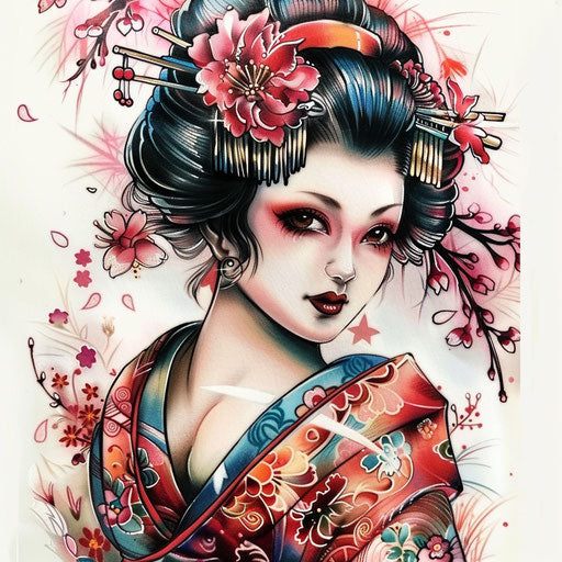 Traditional geisha tattoo with cherry blossom motif
