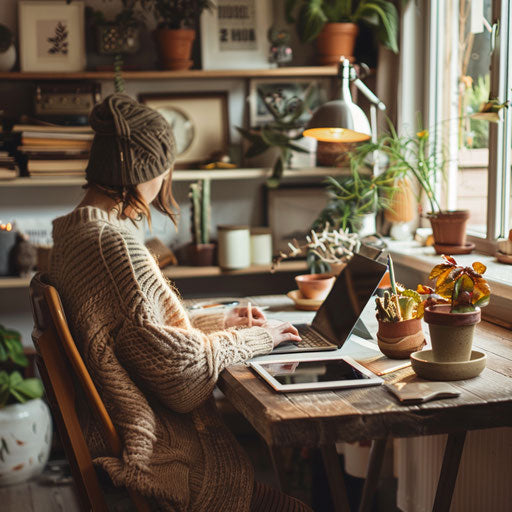 Working on tablet at home with creative decor