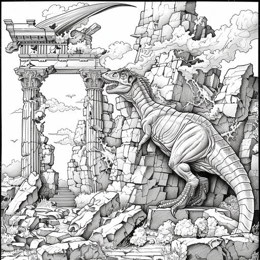 Dinosaur and ancient ruins, Edward Julius Detmold style