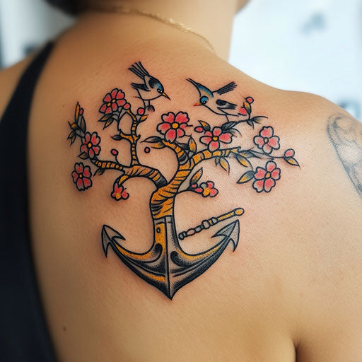 Cherry blossom tree tattoo in Sailor Jerry style with traditional anchor and sparrows on the shoulder