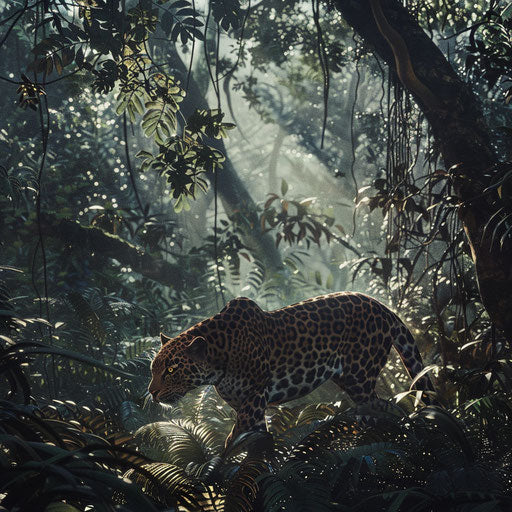 The leopard in the rainforest under the sunlight