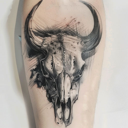 Realistic bull skull tattoo design with 3D effects on white