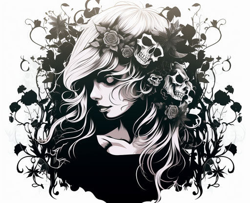 Witch with flowers and tattoo, stencil style, wavy, cybermysticpunk, commission 31:25