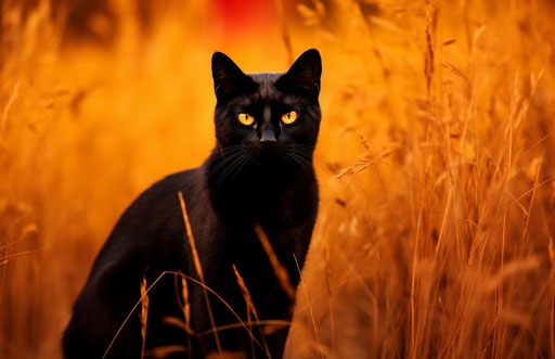 Black cat in reddish yellow grass, dark emerald and light black style