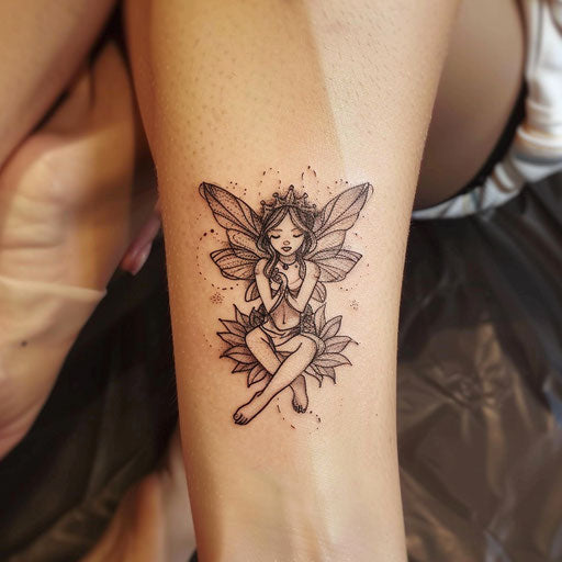 Tattoo sketch of a whimsical fairy sitting on a flower for wrist coverup tattoo for women