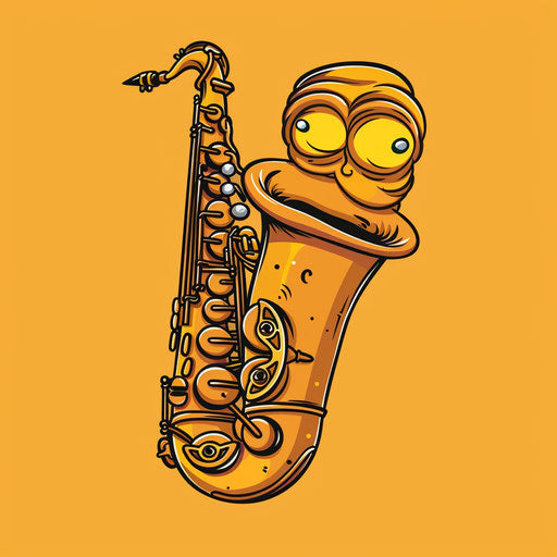 Playful saxophone sketch with cartoon eyes and smile