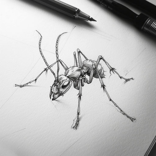 Flat tattoo sketch of an ant in a surrealistic style with bizarre proportions