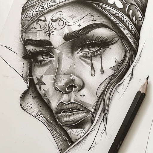 Tattoo sketch of a Chicano art female face with tear drop and bandana, soft and expressive