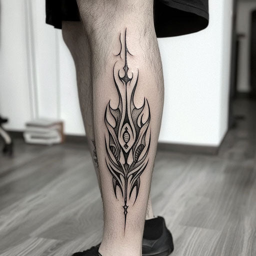 Shin tattoo with sharp tribal lines and flames