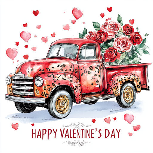 Vintage red truck with roses and leopard print
