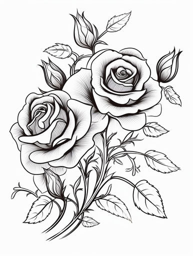 Ink roses drawing illustration for tattoo, whimsical doodles style