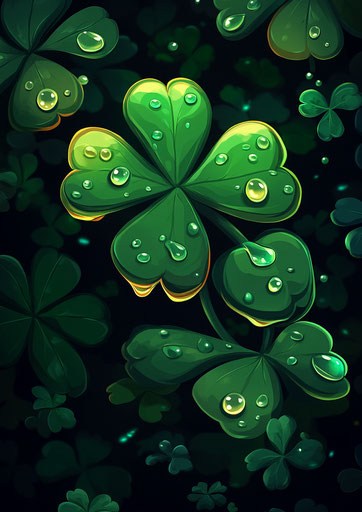 Four-leaf clover with water drops, dark background, St. Patrick's Day theme, cartoon style, mobile wallpaper