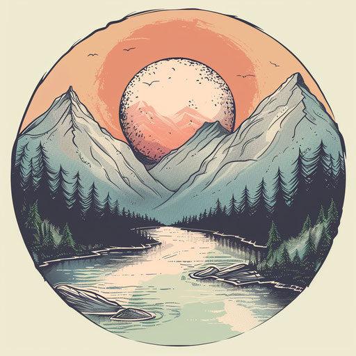 Serene landscape with mountains and lake, flat tattoo style