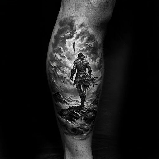 Men's knee tattoos with warrior in stormy landscape