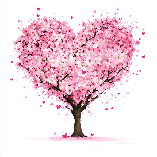 Cherry blossom heart tree, pink flowers on white background