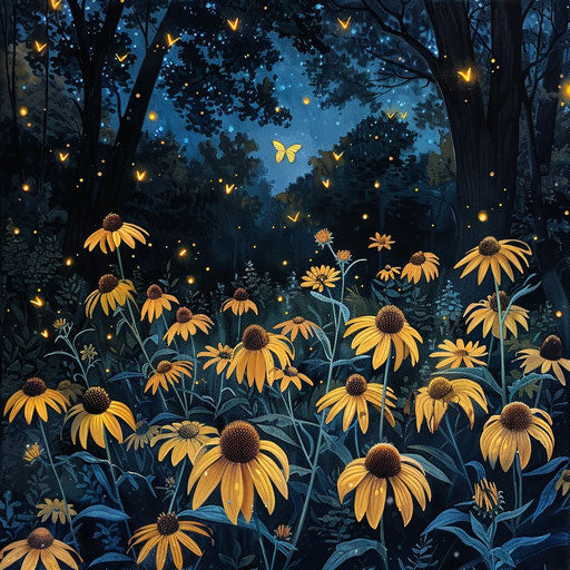 Magical night scene with yellow coneflowers glowing under firefly light