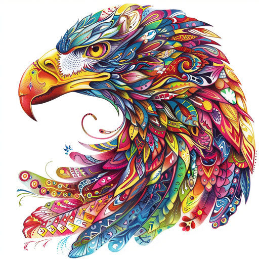 Psychedelic eagle tattoo with swirling colors on white background