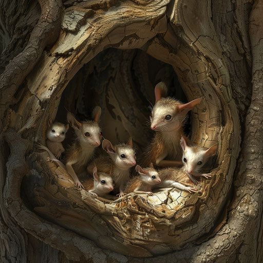 A family of antechinuses in a hollow tree trunk