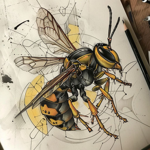 Artistic tattoo sketch of a wasp blending abstract elements with traditional insect motifs