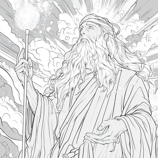 Moses with glowing, mystical elements, Mamoru Hosoda style, coloring book page