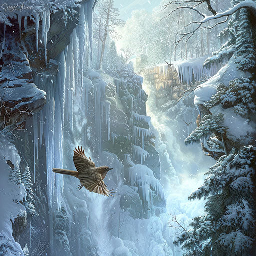 Bird fluttering around frozen waterfall in winter