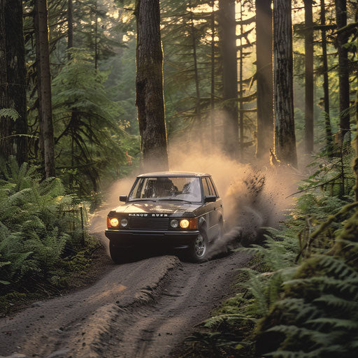 High-speed pursuit with a 1993 Range Rover as a rally car, kicking up dust on a gravel path through a dense forest