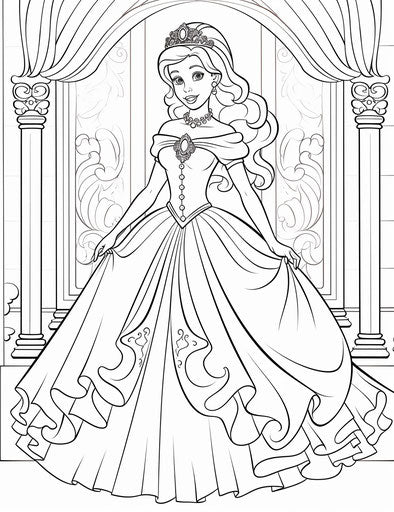 Princesses coloring pages, black outlines, quirky characters
