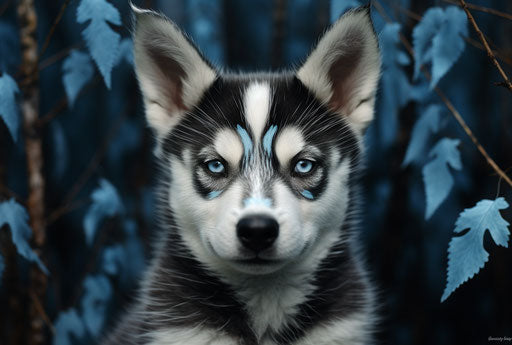 Puppy huskies in the woods with distinct features