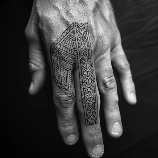 Finger tattoo with intricate geometric patterns