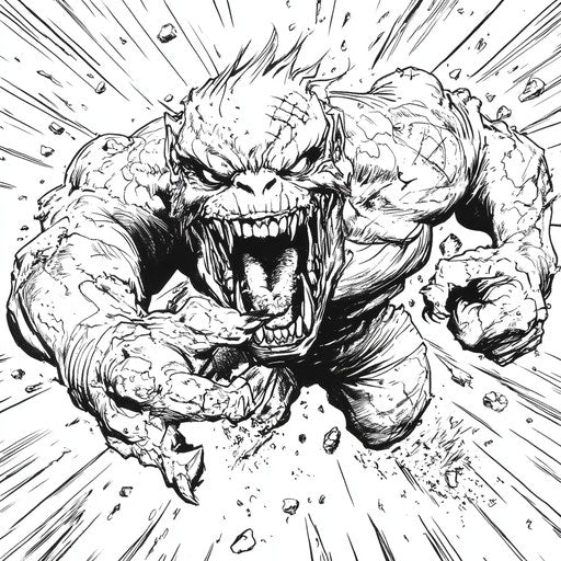 Monster in dynamic pose, Mike Zeck style, coloring page