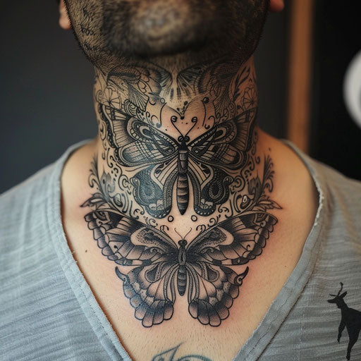 Butterfly neck tattoo with intricate details