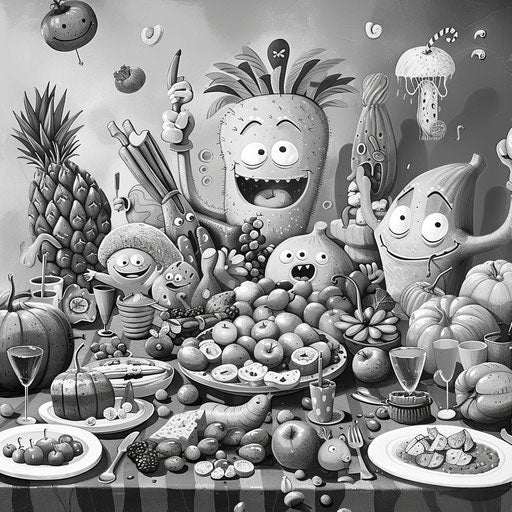Whimsical potluck scene with animated food characters, illustrated in black and white clipart