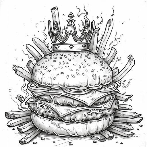 A whimsical burger with a crown, sitting on a throne of fries