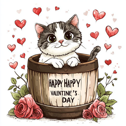 Cute cartoon cat in a wooden barrel with hearts and roses, text 'HAPPY VALENTINE'S DAY', clip art style