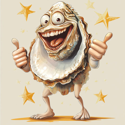 Humorous caricature of an oyster caricature clipart with human characteristics, exaggerated dimpled chin, muscular legs, surrounded by stars, vibrant colors, cartoon style, thumbs up, high resolution, no background, isolated