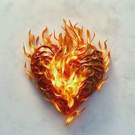 Burning heart with flames on white background, lighthearted style