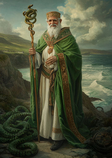 Saint Patrick on the coast of Ireland with snakes