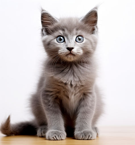 Gray kitten on white background, Mona Hatoum style, dark azure and gray, light purple and light brown