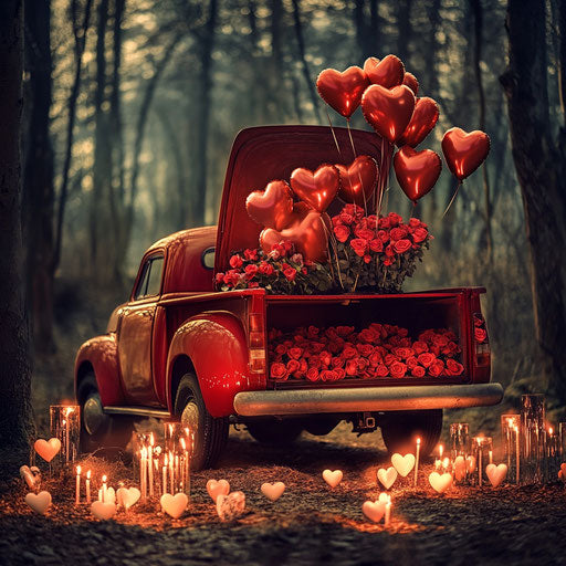 Vintage red truck full of heart-shaped balloons and roses in an enchanted forest lit by candlelight