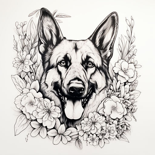 German shepherd dog drawing on white background black ink