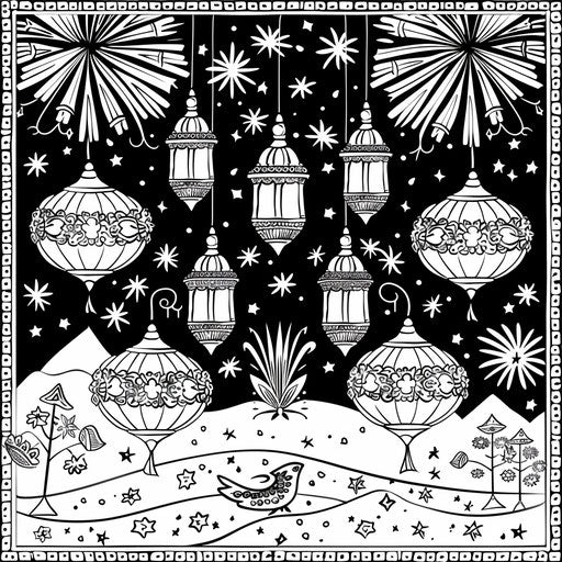 Diwali lanterns and fireworks in the night sky