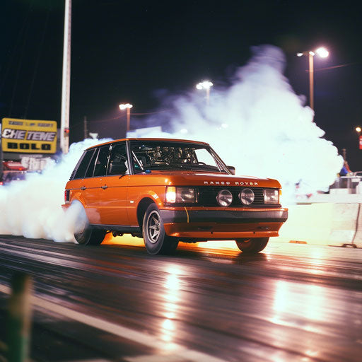Modified Range Rover on drag strip start line