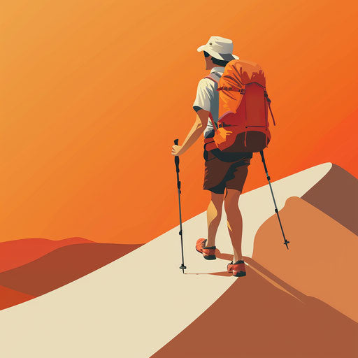 Realistic hiking clipart on sunset orange background