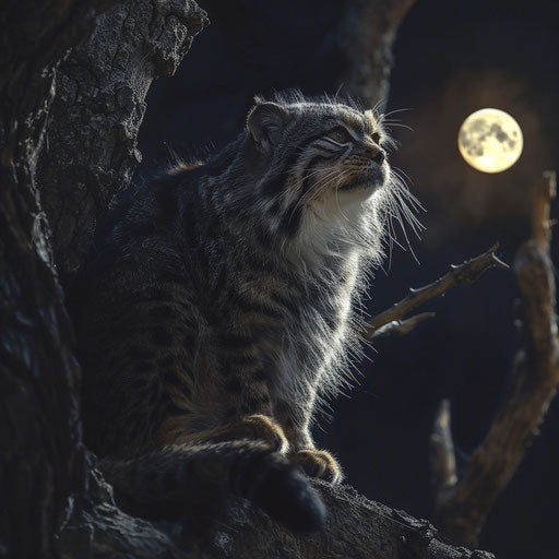 Manul cat captured in a serene moment under the moon