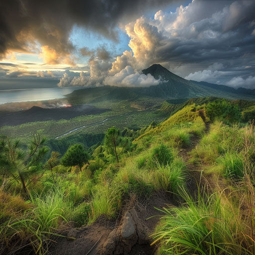Dramatic volcanic landscape of Mount Batur with clouds