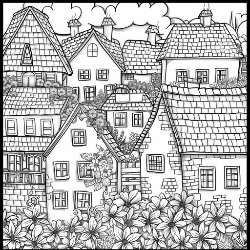 Detailed springtime village with flowers blooming on windowsills