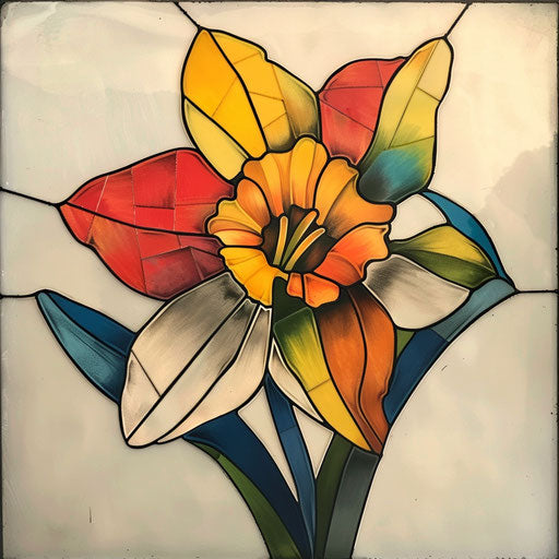 Stained glass narcissus flower tattoo on white background