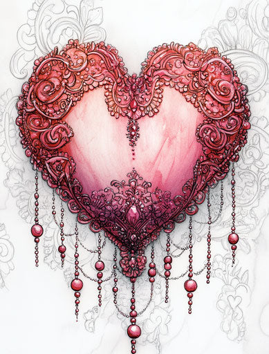 Valentine's Day heart with lace and beads on white background