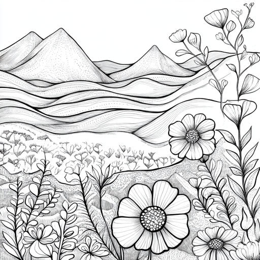 Serene mountain landscape with delicate floral patterns