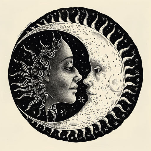 Beautiful silhouette of sun and moon in black on white